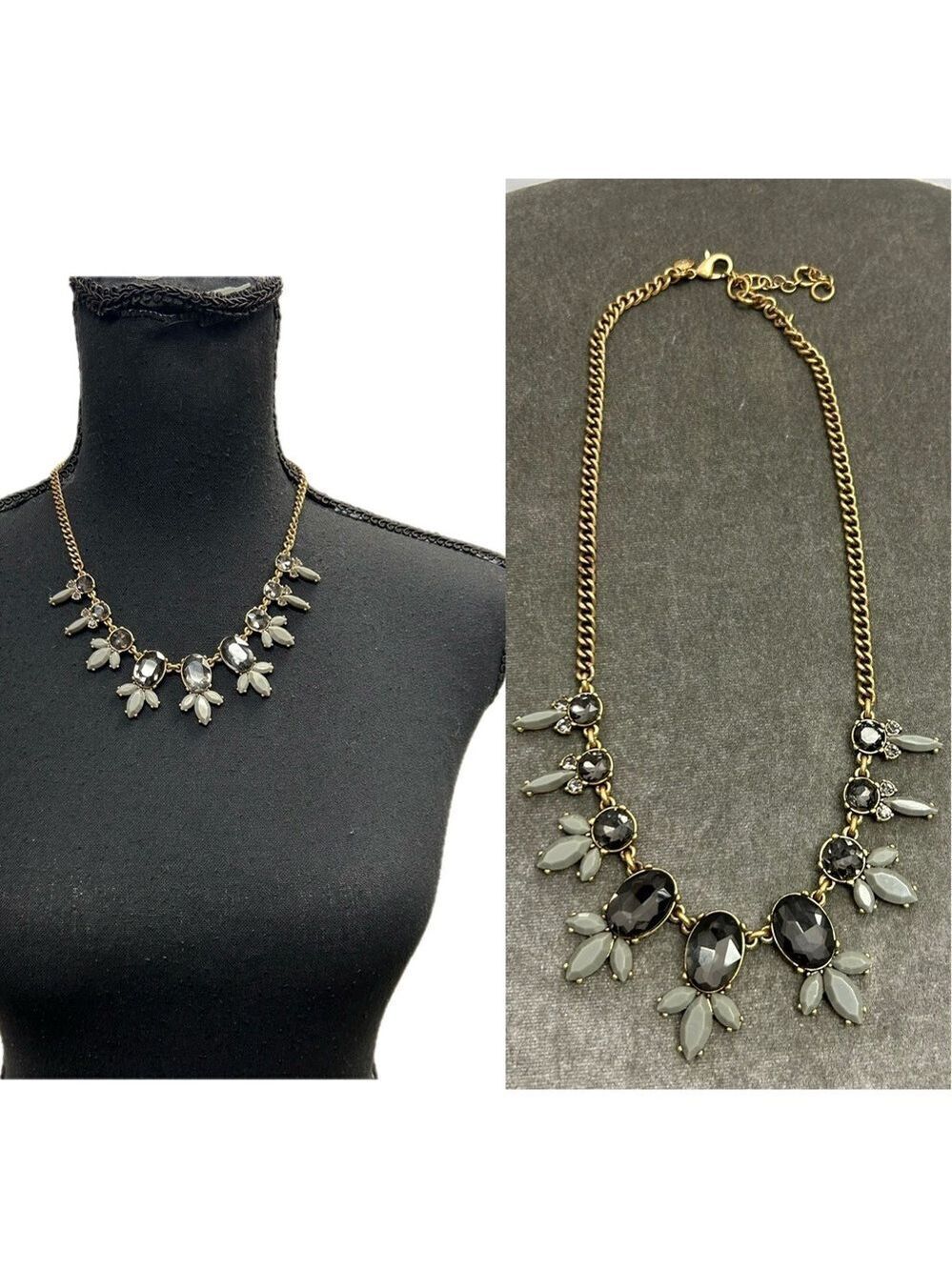 J.Crew statement necklace gold tone Smokey faceted stones gray leaf accents
